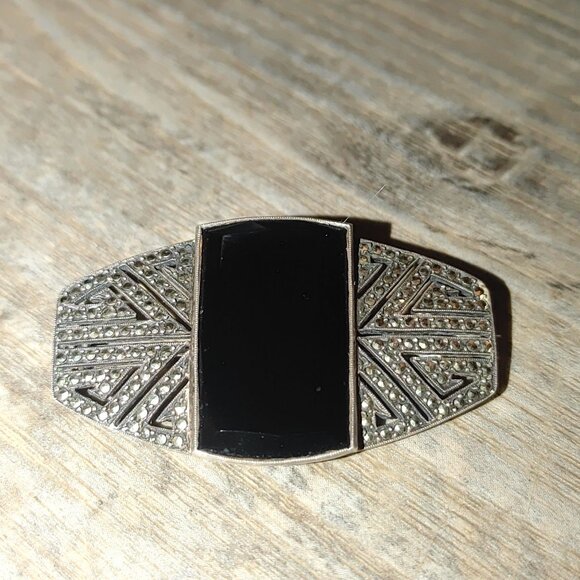 Brooch Antique Art Deco Sterling Silver Black Onyx Brooch Pin Made In Germany - Picture 9 of 15
